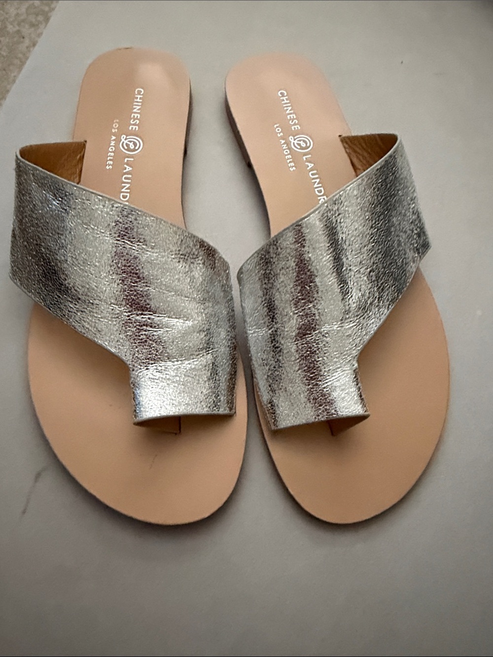 Chinese Laundry Metallic Silver Leather Toe-Loop Slides